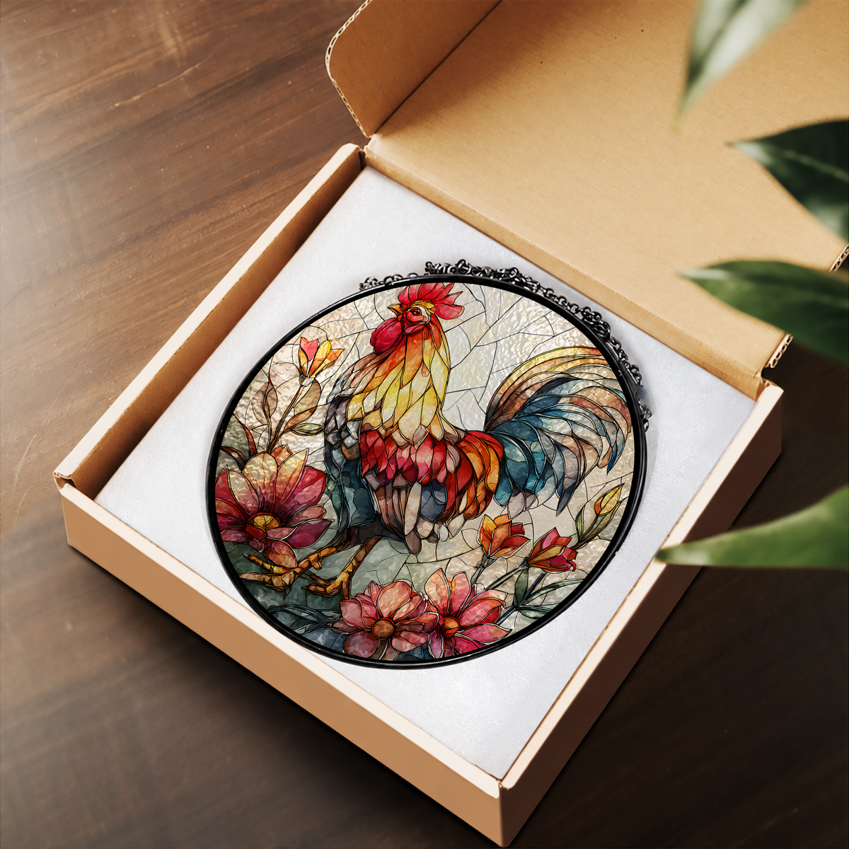 Colorful Rooster among Spring Flowers stained glass suncatcher – flat printed artwork design