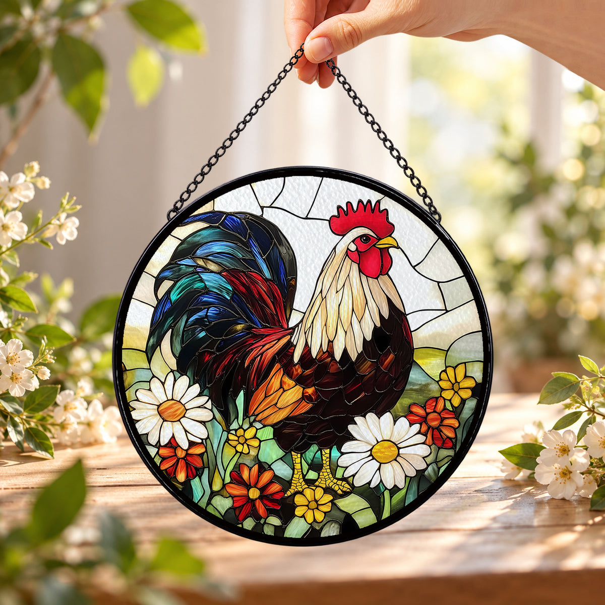 Colorful Rooster with Daisies round stained glass window hanging – second gallery view