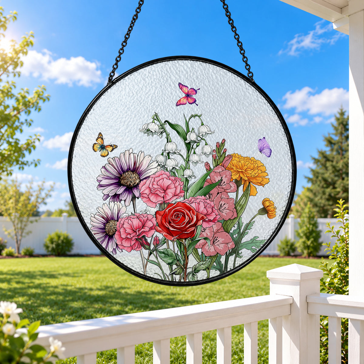 Colorful Spring Flowers and Butterflies stained glass window suncatcher – third gallery view