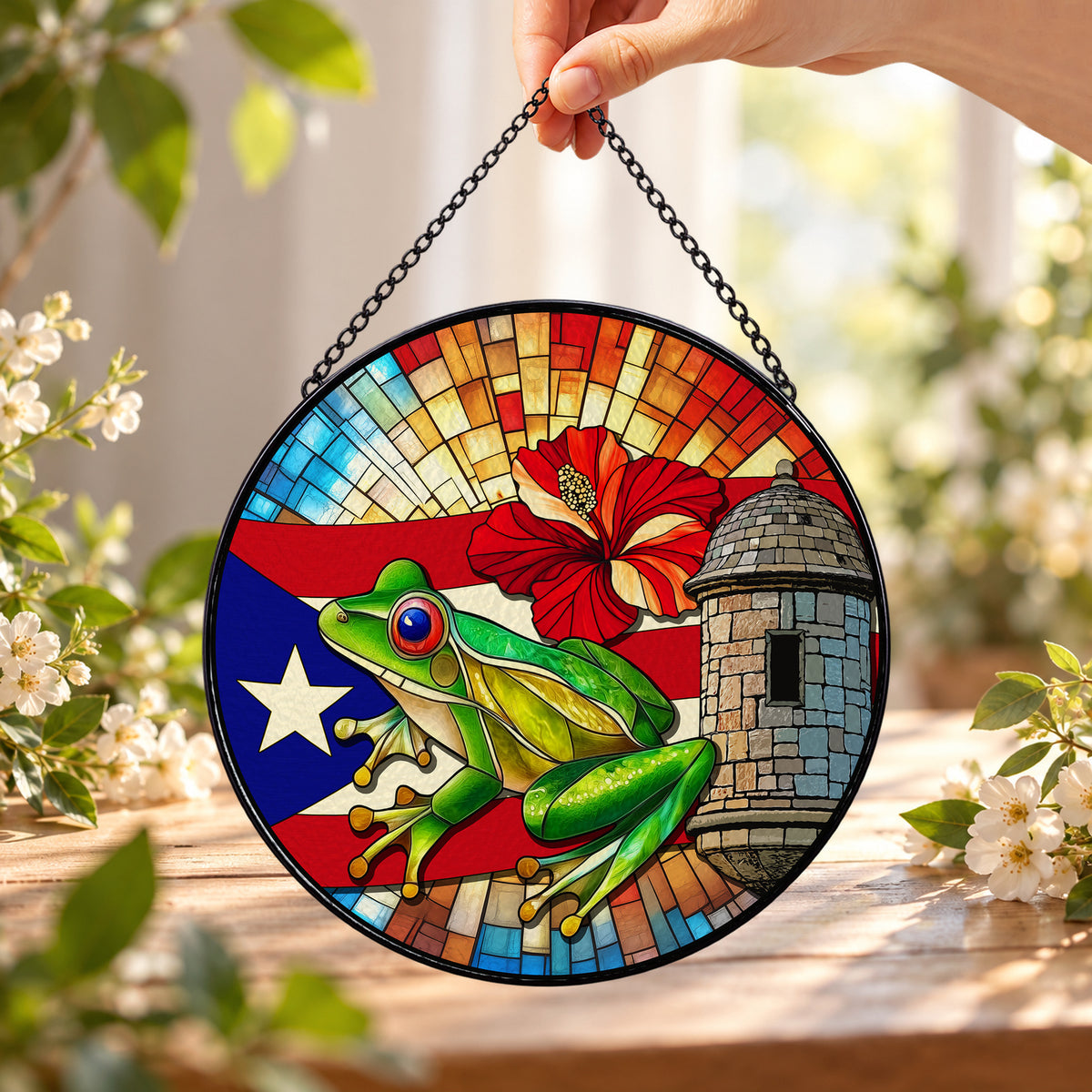 Coqui Frog with Puerto Rico Flag round stained glass window hanging – second gallery view