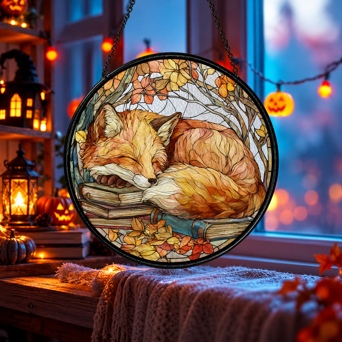Cozy Sleeping Ginger Cat in Tree stained glass window suncatcher – third gallery view