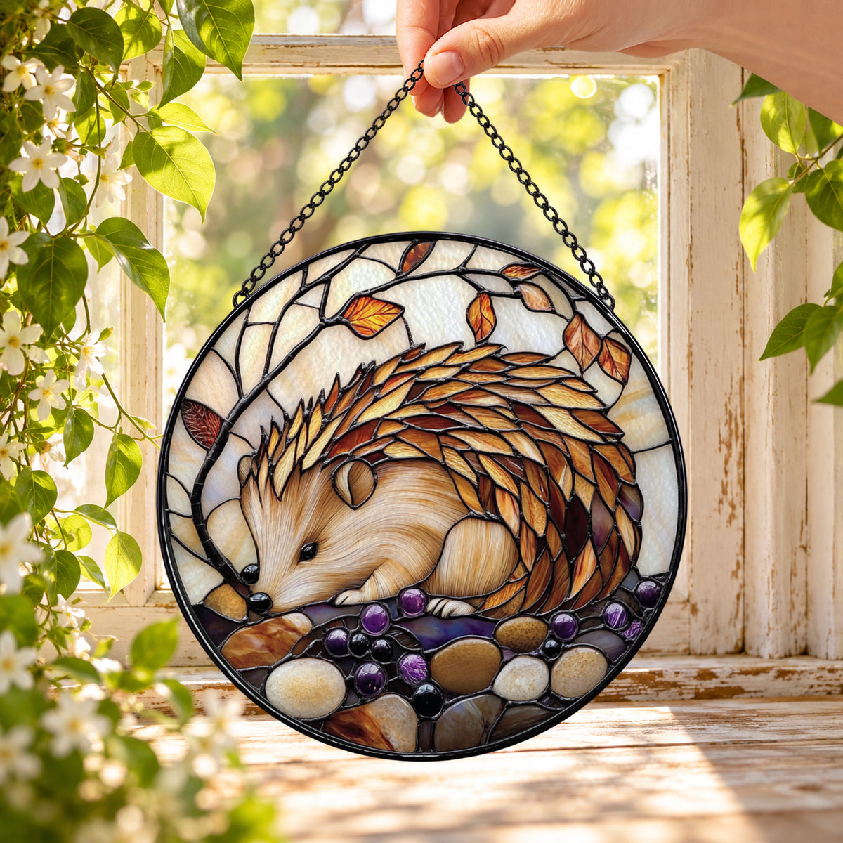 Cute Hedgehog with Autumn Leaves round stained glass window hanging – second gallery view