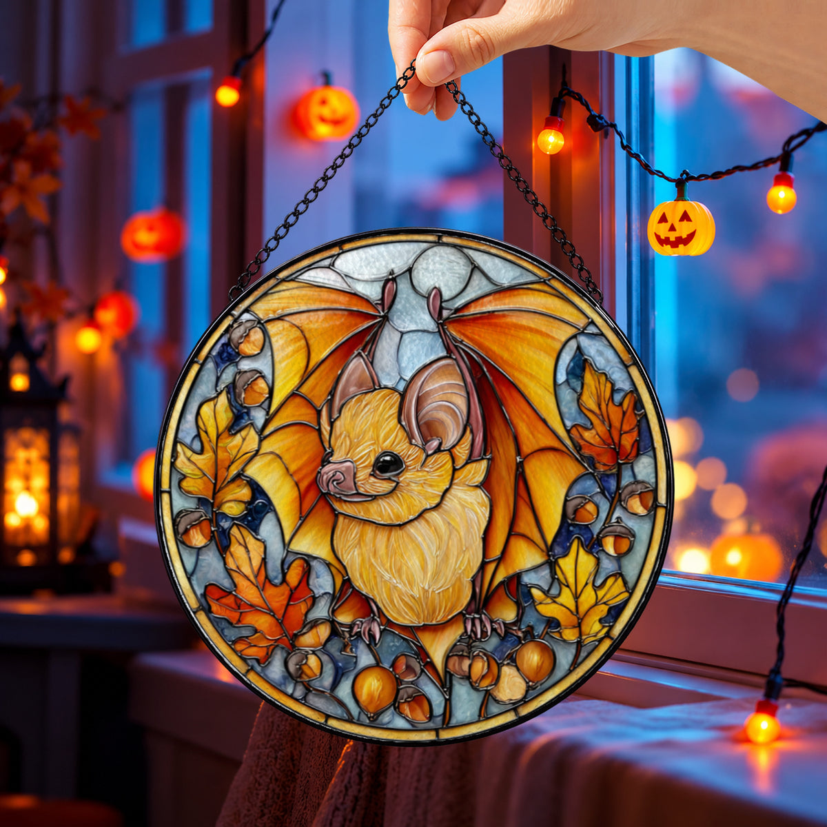 Cute Squirrel with Autumn Leaves round stained glass window hanging – second gallery view