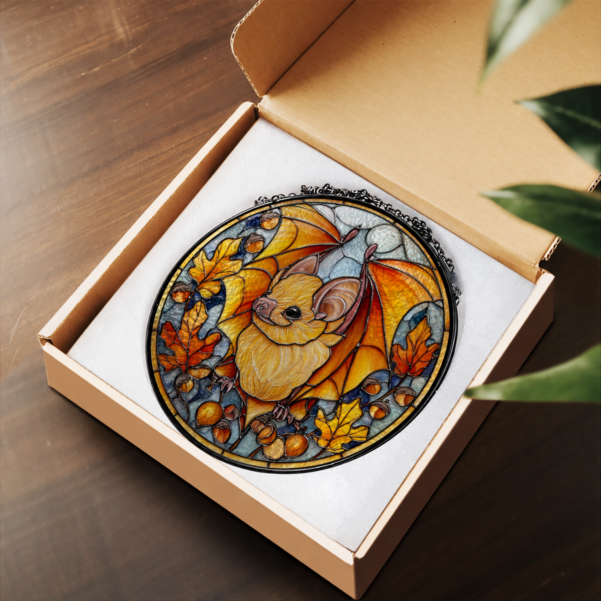Cute Squirrel with Autumn Leaves stained glass suncatcher – flat printed artwork design