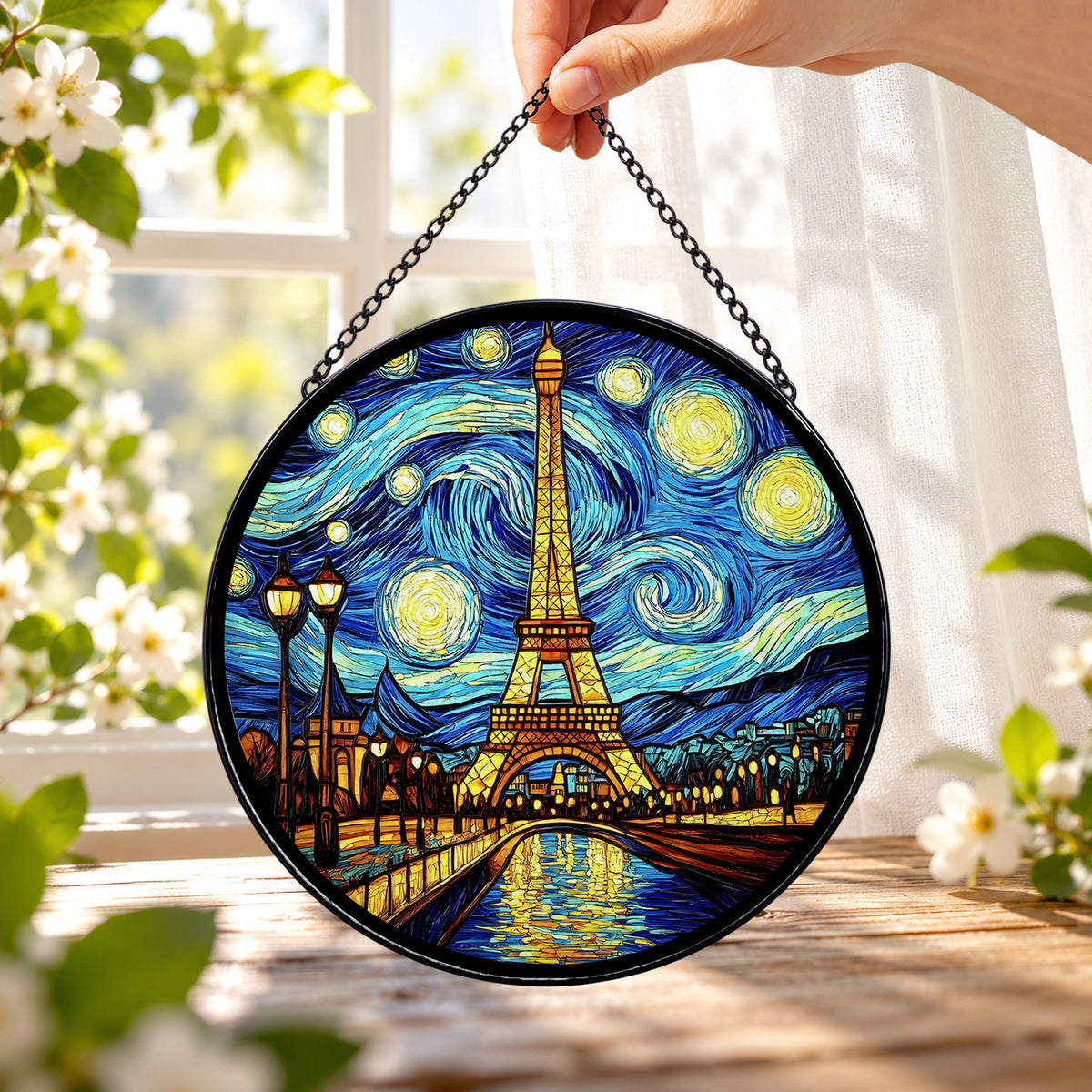 Eiffel Tower beneath Swirling Starry Sky round stained glass window hanging – second gallery view