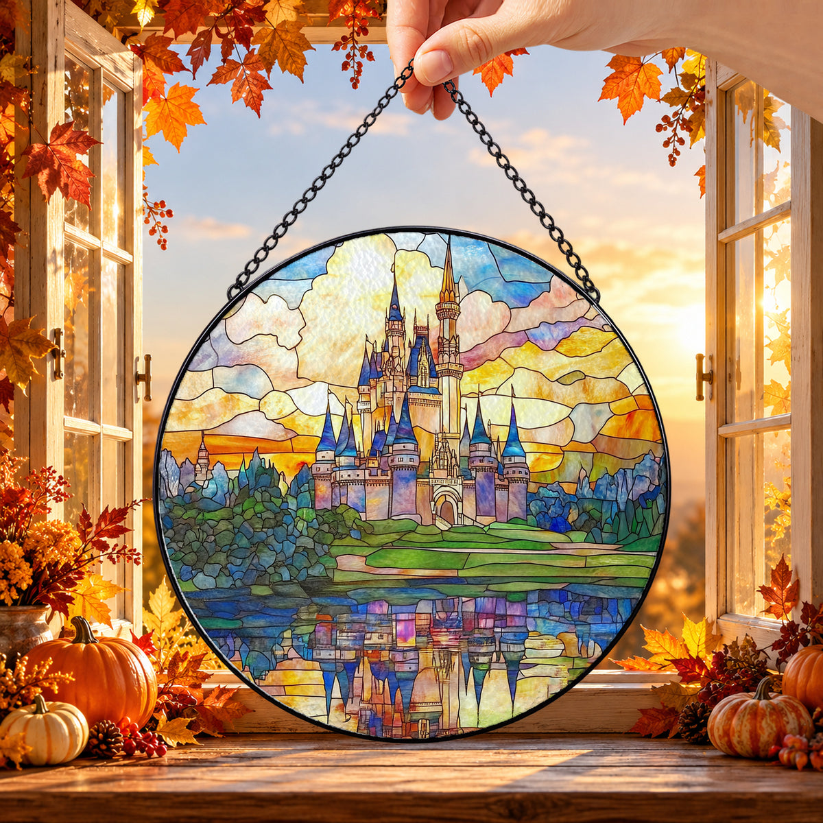 Fairytale Castle Reflected in Lake round stained glass window hanging – second gallery view