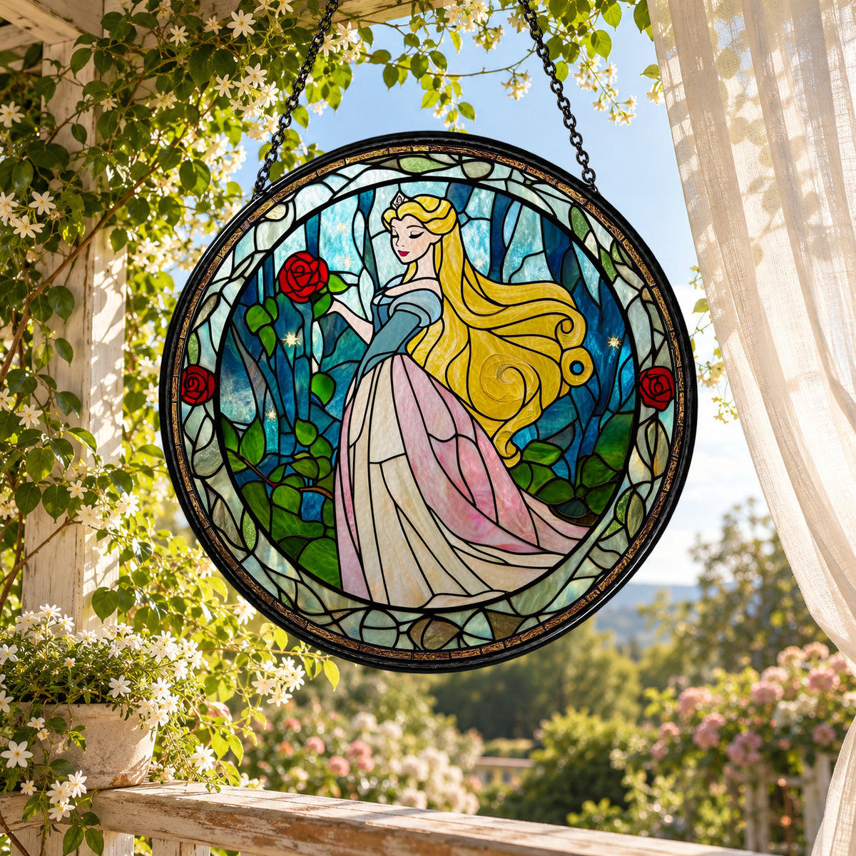 Fairytale Princess in Forest Garden stained glass suncatcher window hanging – front design view