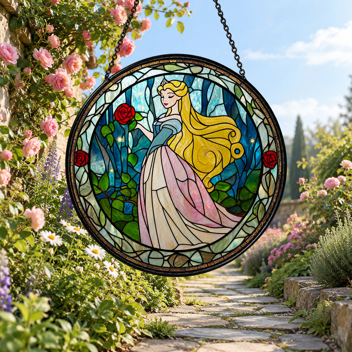 Fairytale Princess in Forest Garden stained glass window suncatcher – third gallery view