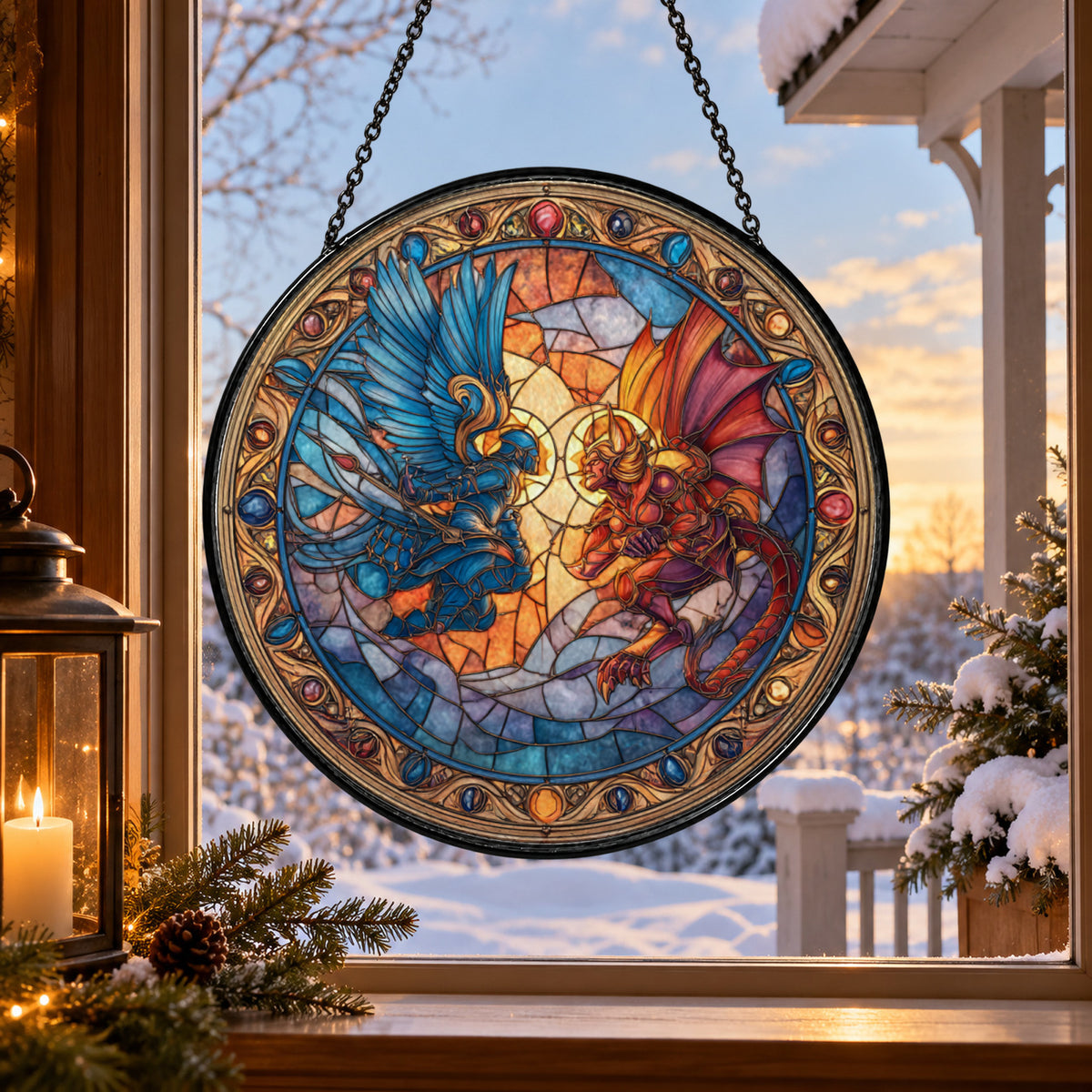 Fantasy Dragons in Ornate Circle stained glass suncatcher window hanging – front design view