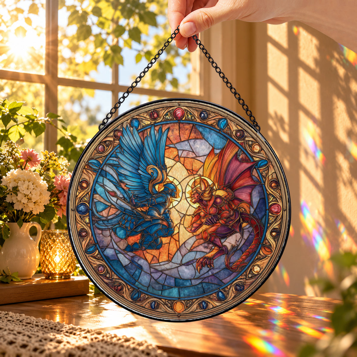 Fantasy Dragons in Ornate Circle round stained glass window hanging – second gallery view