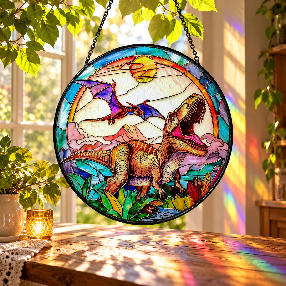 Fox with Butterflies in Wildflower Field stained glass suncatcher window hanging – front design view