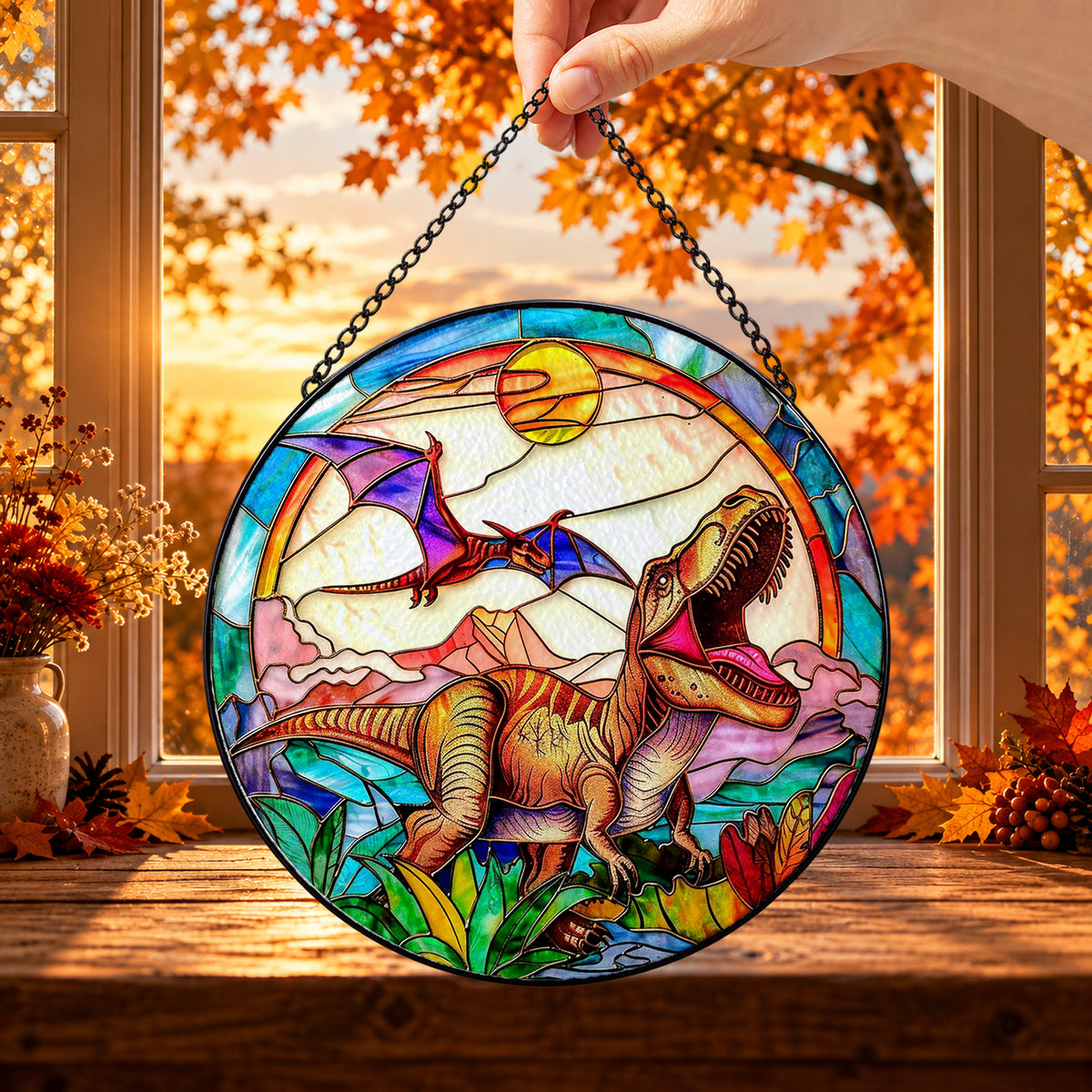 Fox with Butterflies in Wildflower Field round stained glass window hanging – second gallery view