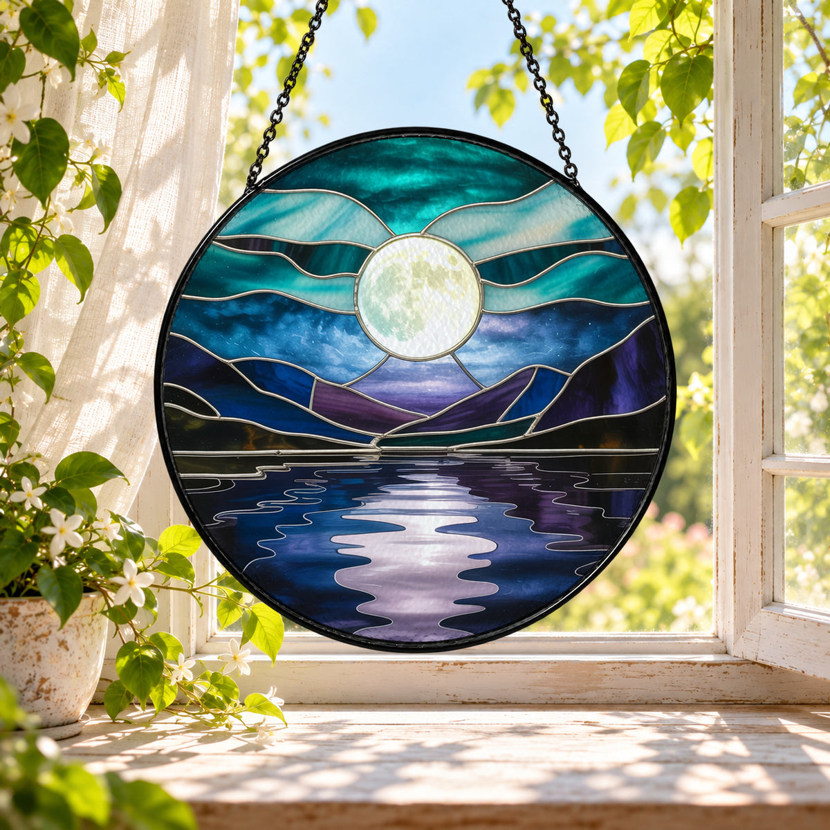 Full Moon over Blue Mountain Lake stained glass window suncatcher – third gallery view