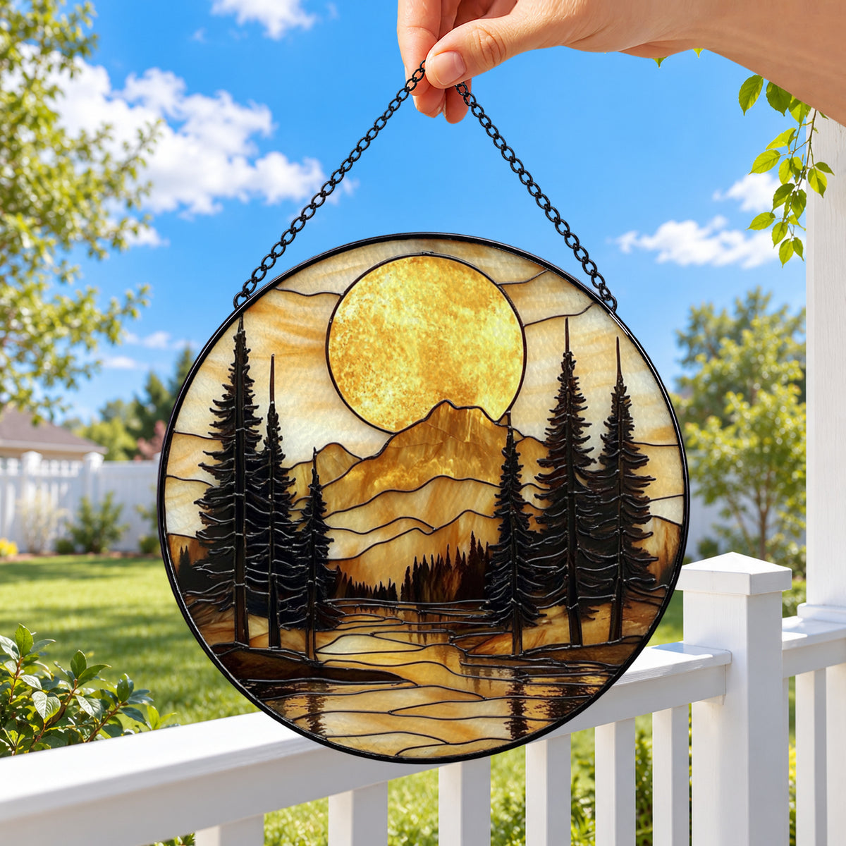 Full Moon over Pine Forest Lake round stained glass window hanging – second gallery view