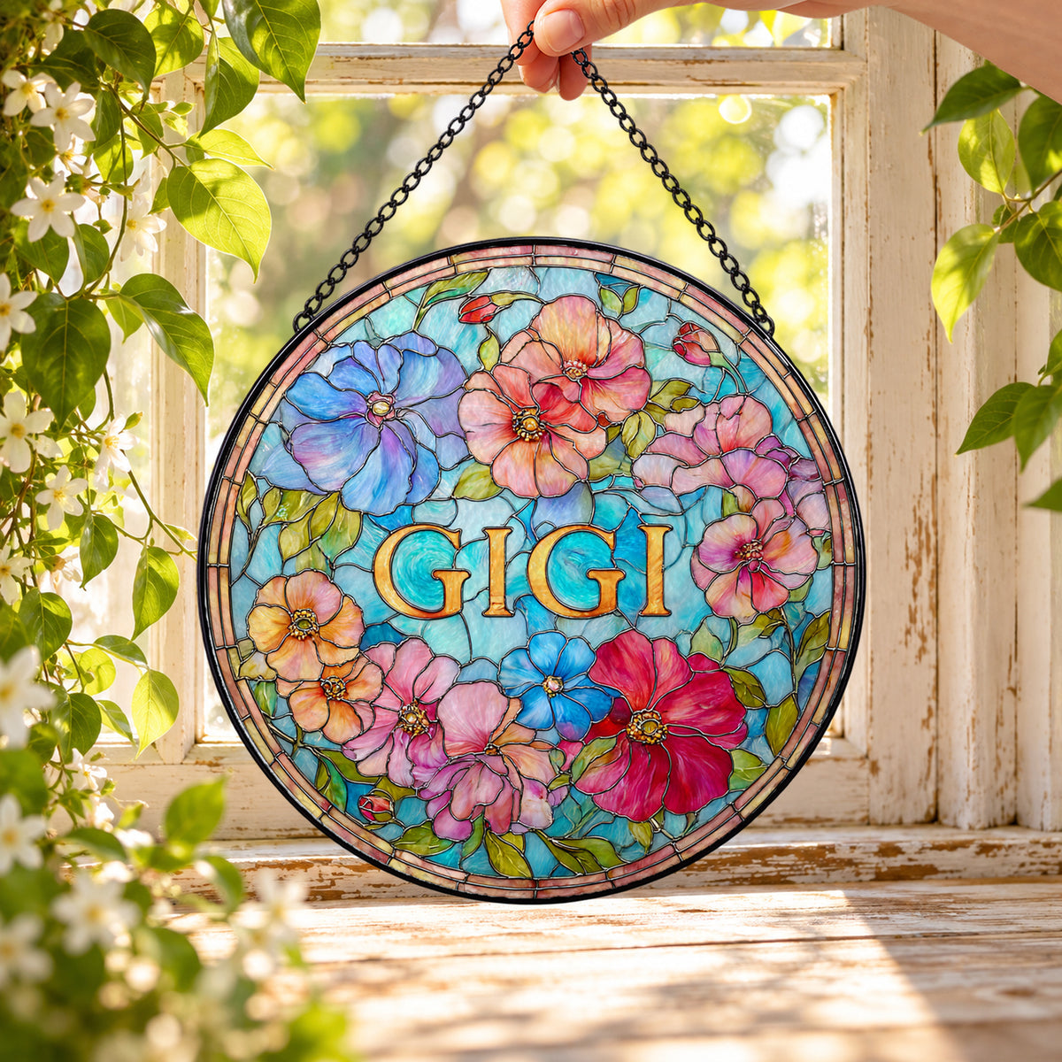 GiGi Floral Circle with Colorful Roses round stained glass window hanging – second gallery view