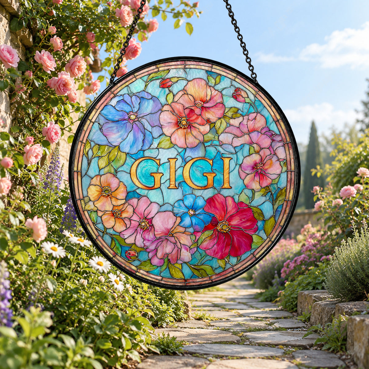 GiGi Floral Circle with Colorful Roses stained glass window suncatcher – third gallery view