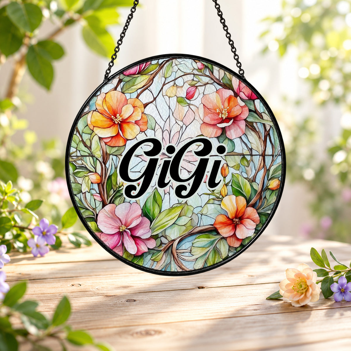 GiGi Floral Name Design stained glass suncatcher window hanging – front design view