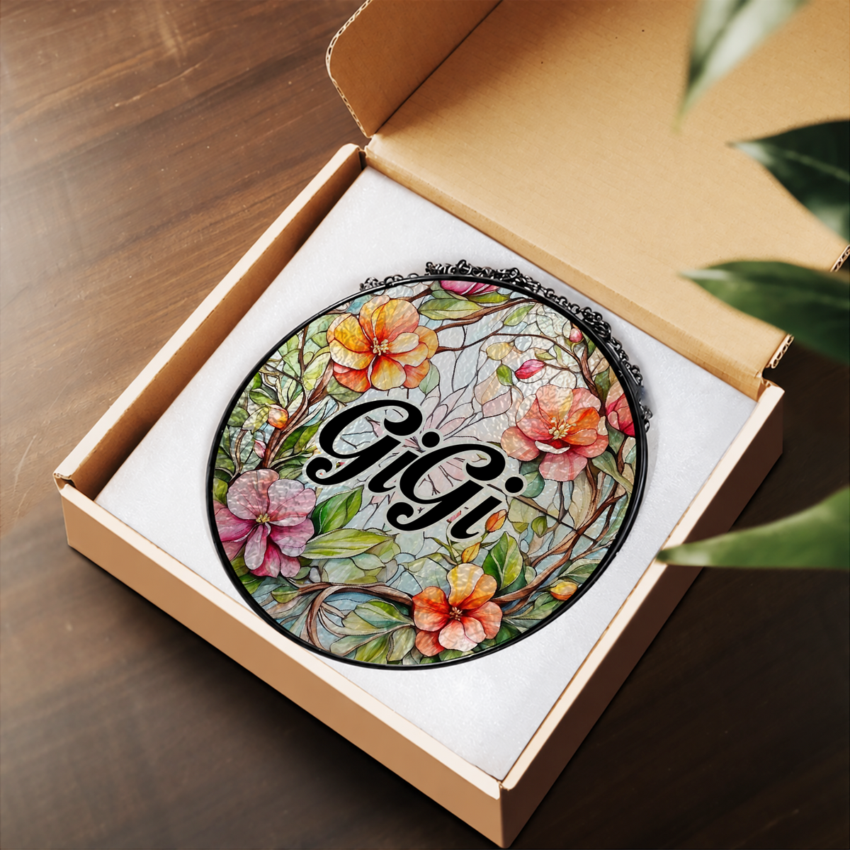 GiGi Floral Name Design stained glass suncatcher – flat printed artwork design