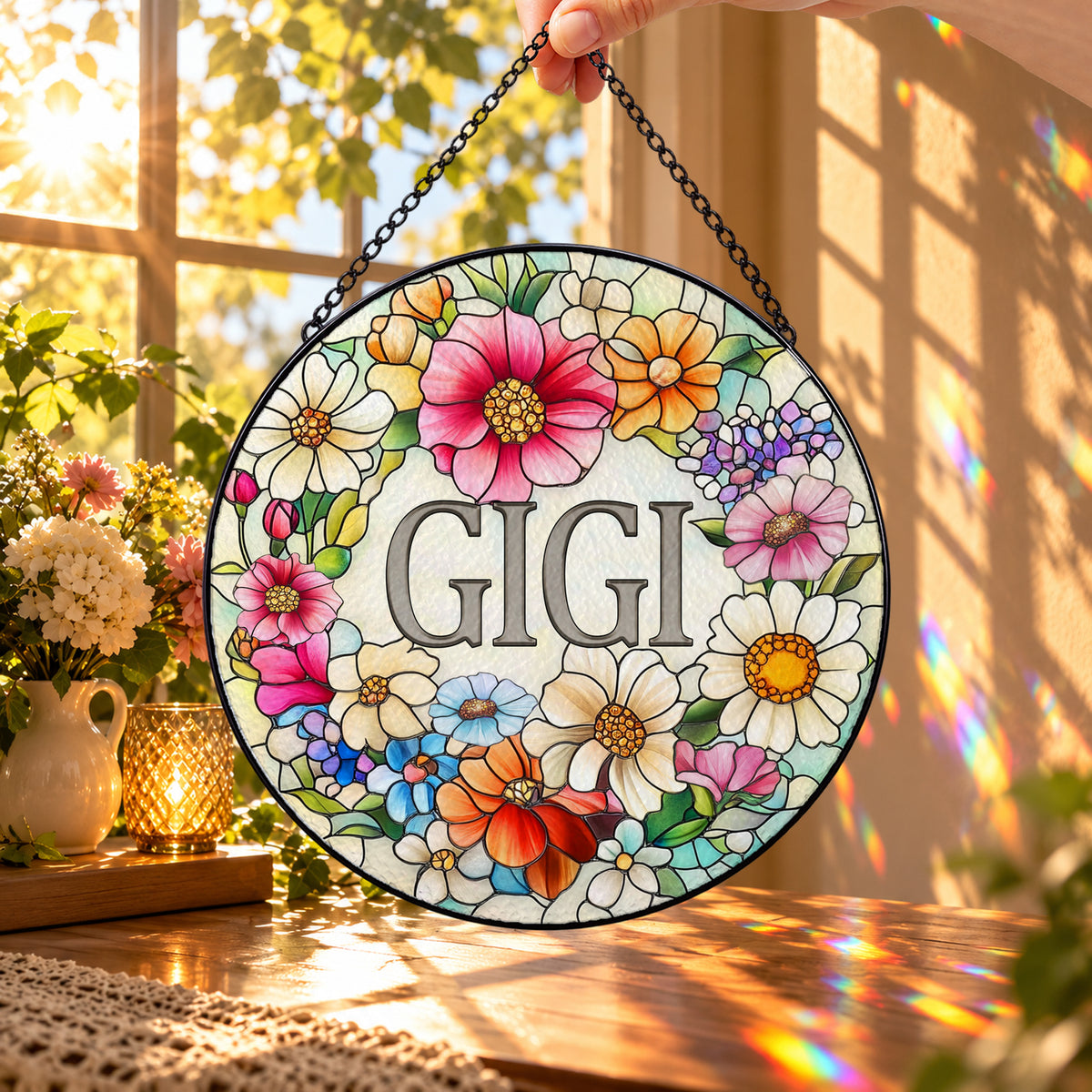 GiGi with Daisy and Pink Flowers round stained glass window hanging – second gallery view