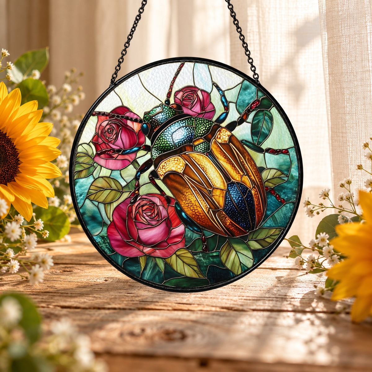 Golden Beetle and Pink Roses stained glass suncatcher window hanging – front design view