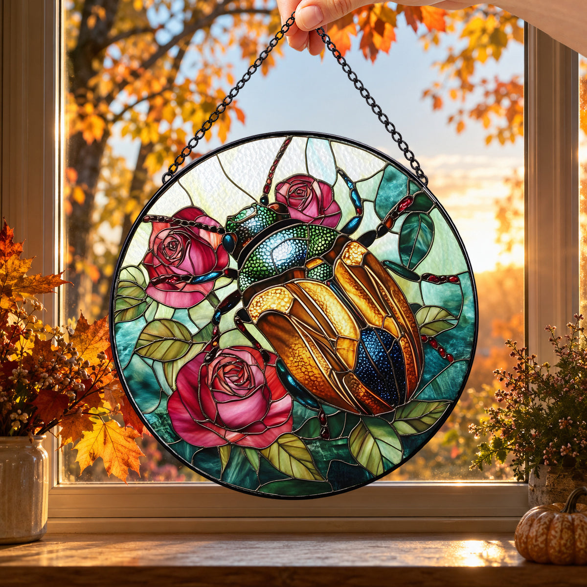 Golden Beetle and Pink Roses round stained glass window hanging – second gallery view