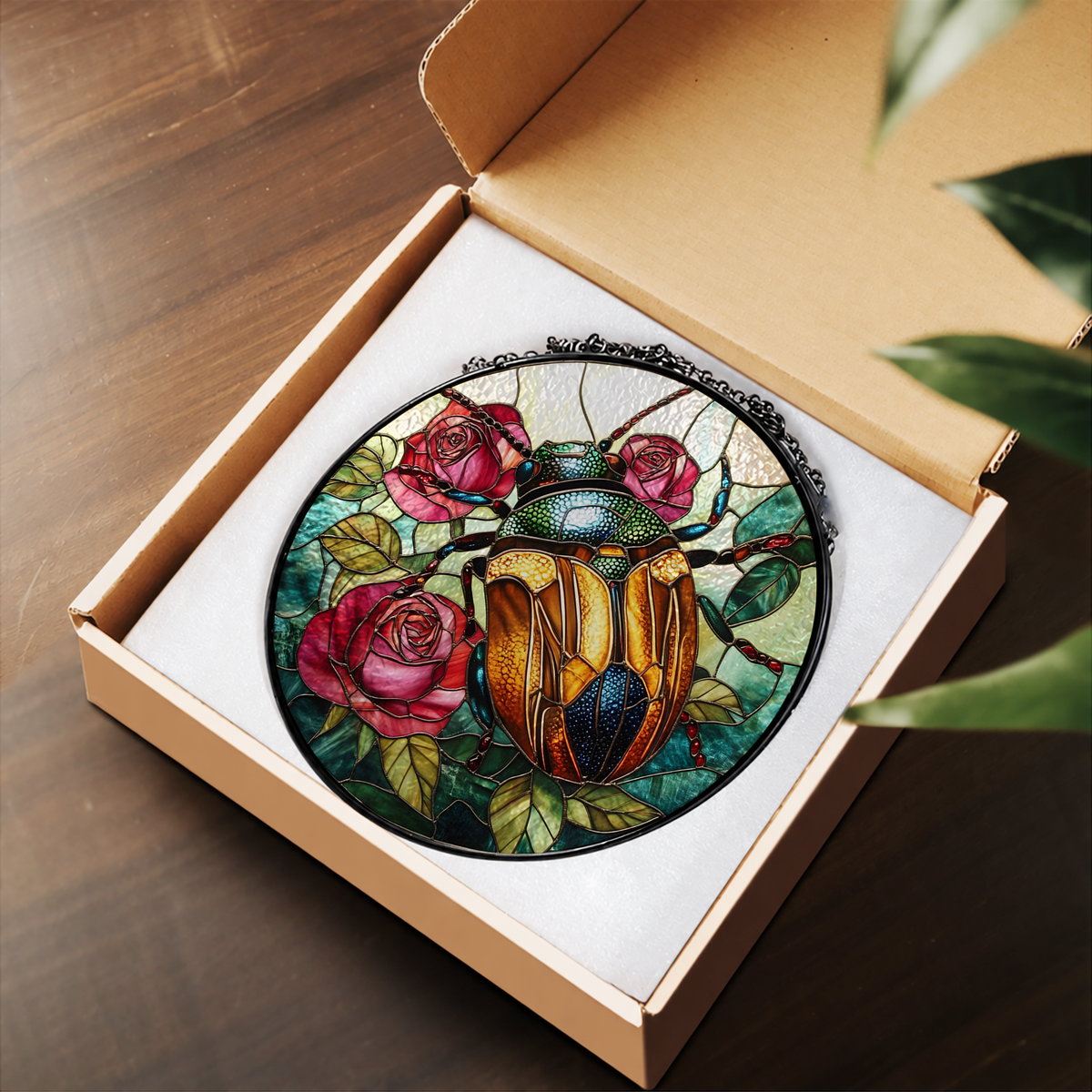 Golden Beetle and Pink Roses stained glass suncatcher – flat printed artwork design
