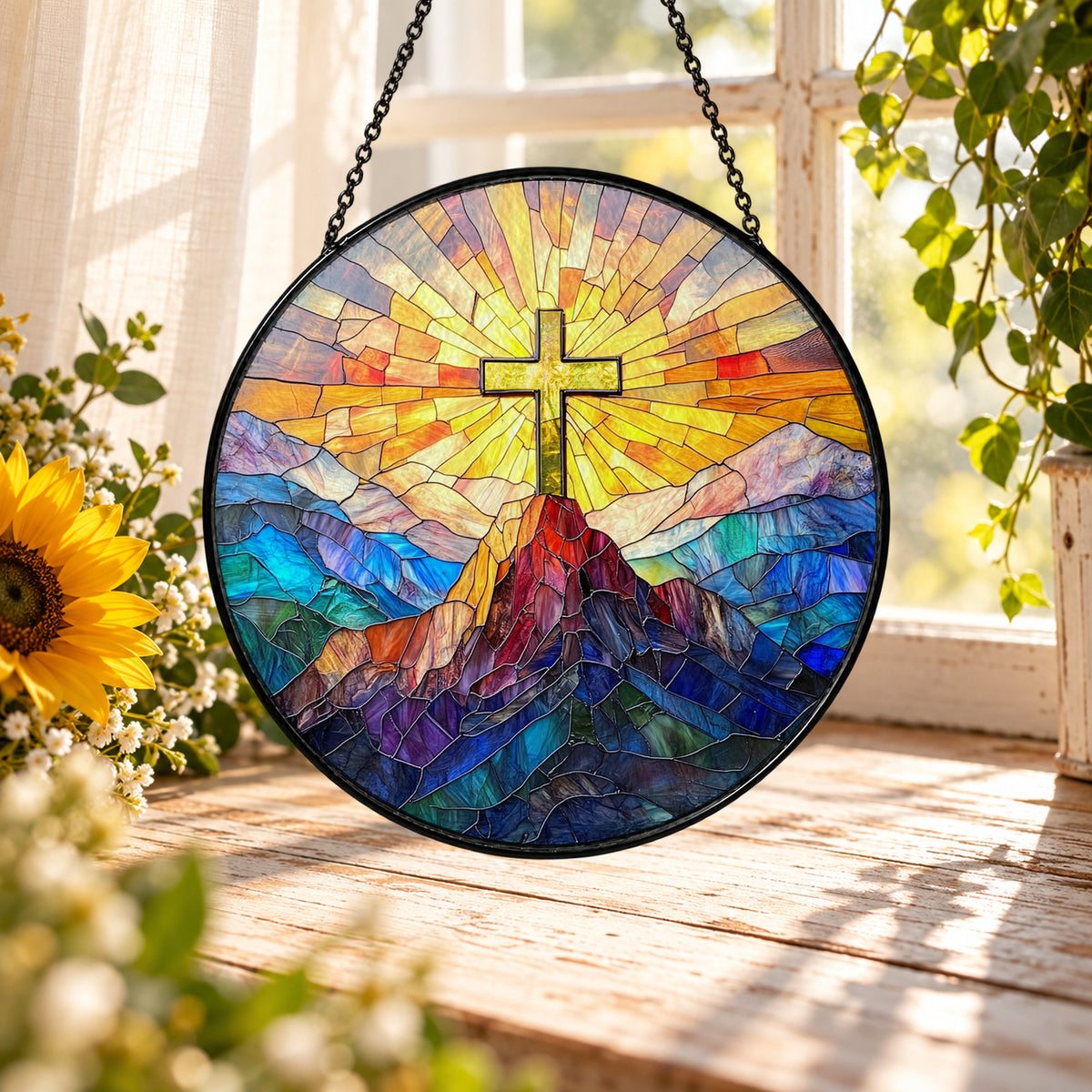 Golden Cross with Mountain Sunrise stained glass suncatcher window hanging – front design view
