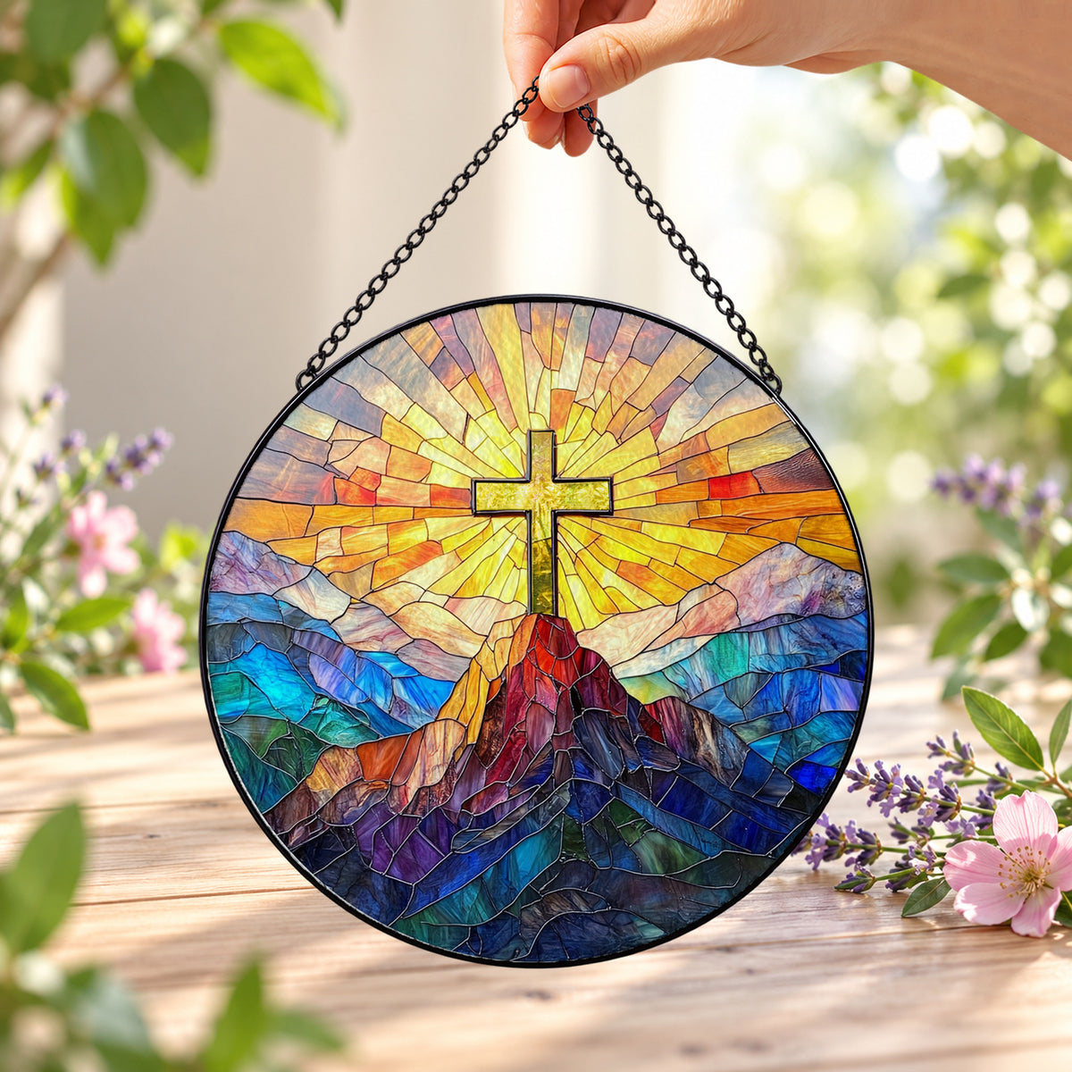 Golden Cross with Mountain Sunrise round stained glass window hanging – second gallery view