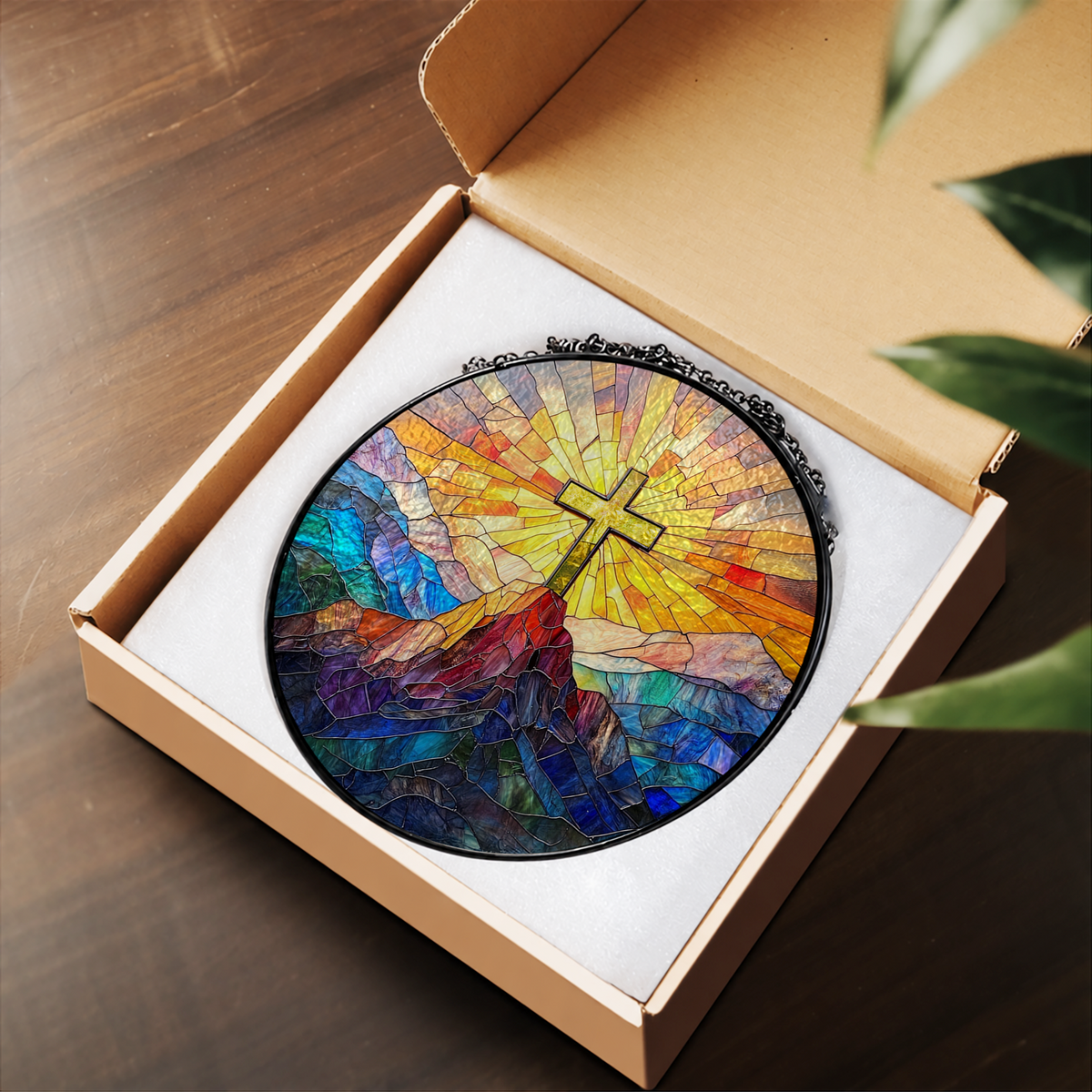 Golden Cross with Mountain Sunrise stained glass suncatcher – flat printed artwork design