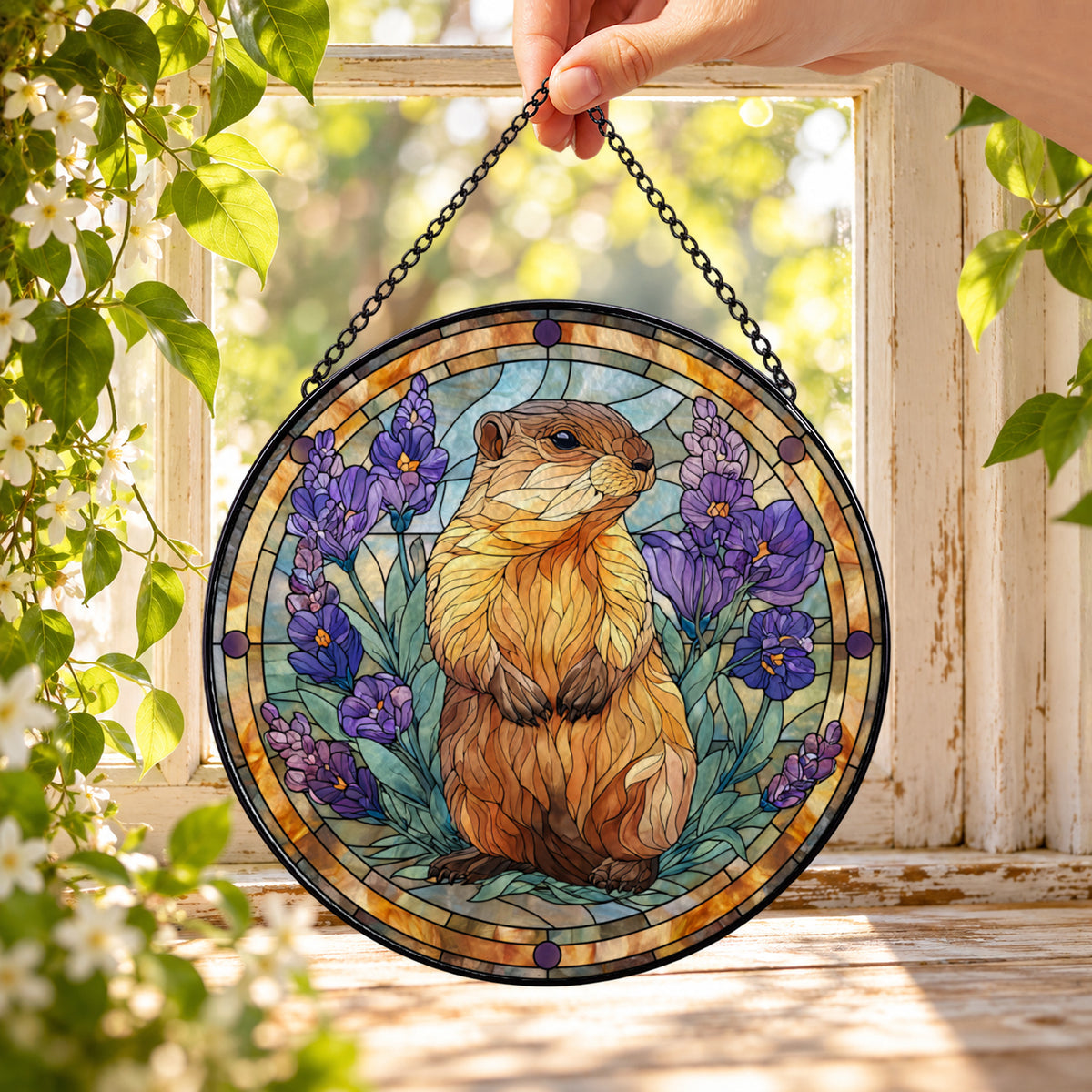 Golden Hamster with Purple Flowers round stained glass window hanging – second gallery view