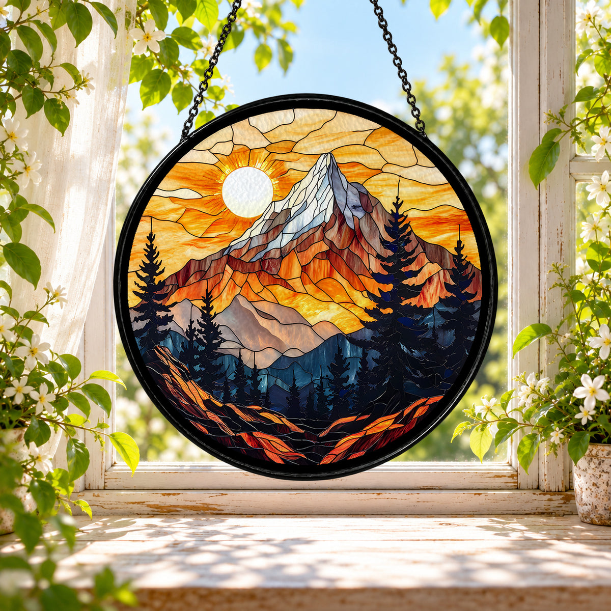 Golden Mountain Sunset above Pine Forest stained glass window suncatcher – third gallery view