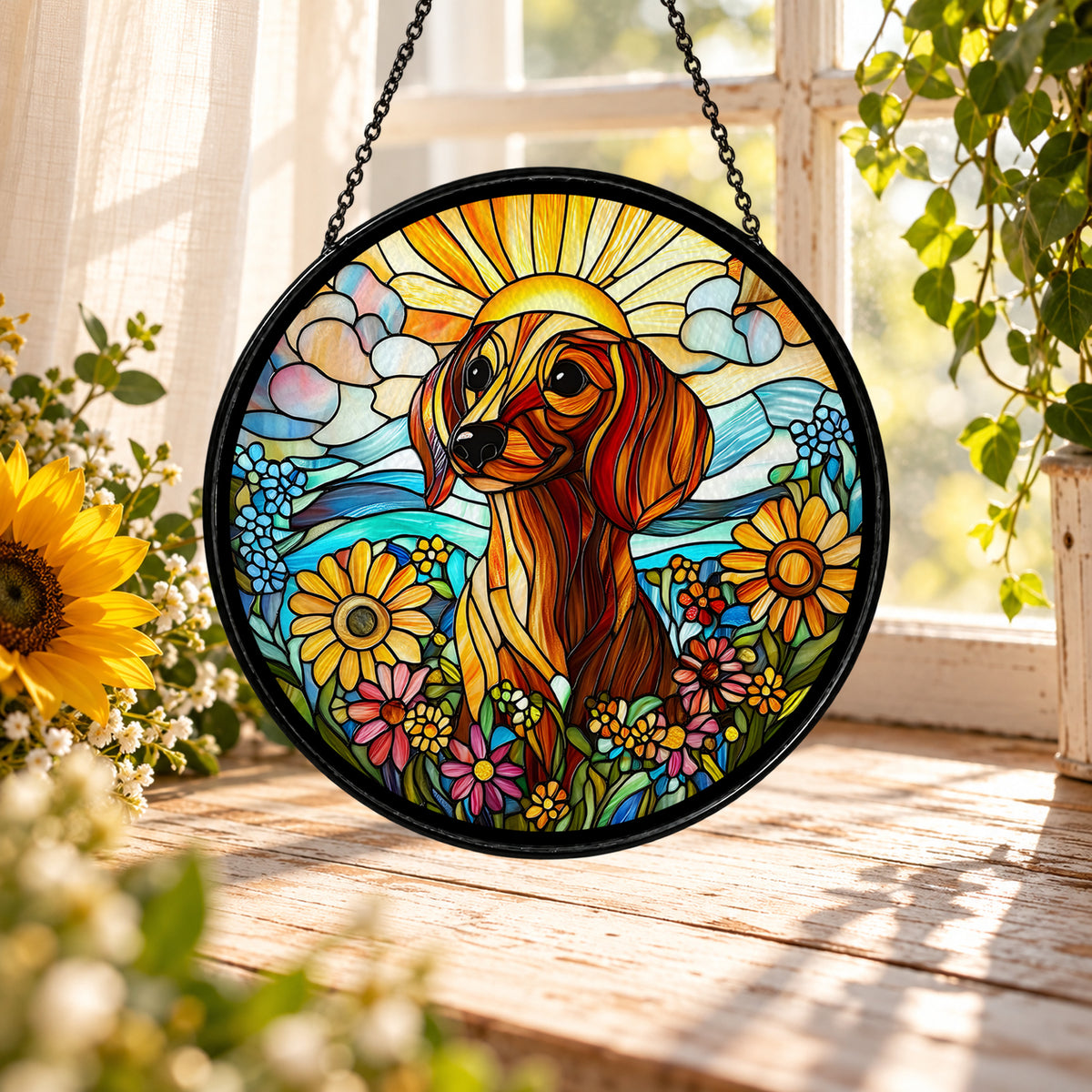 Golden Retriever Portrait with Sunflowers stained glass suncatcher window hanging – front design view