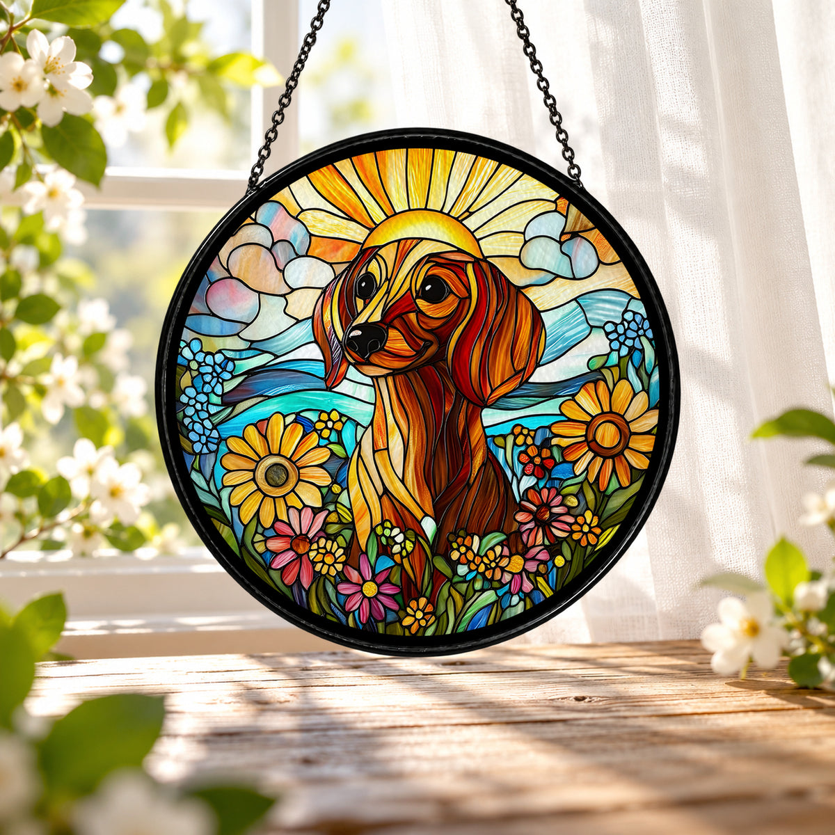 Golden Retriever Portrait with Sunflowers stained glass window suncatcher – third gallery view