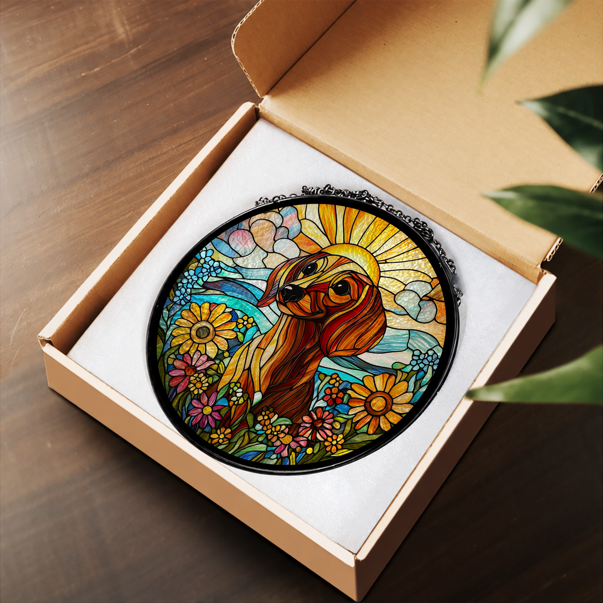 Golden Retriever Portrait with Sunflowers stained glass suncatcher – flat printed artwork design