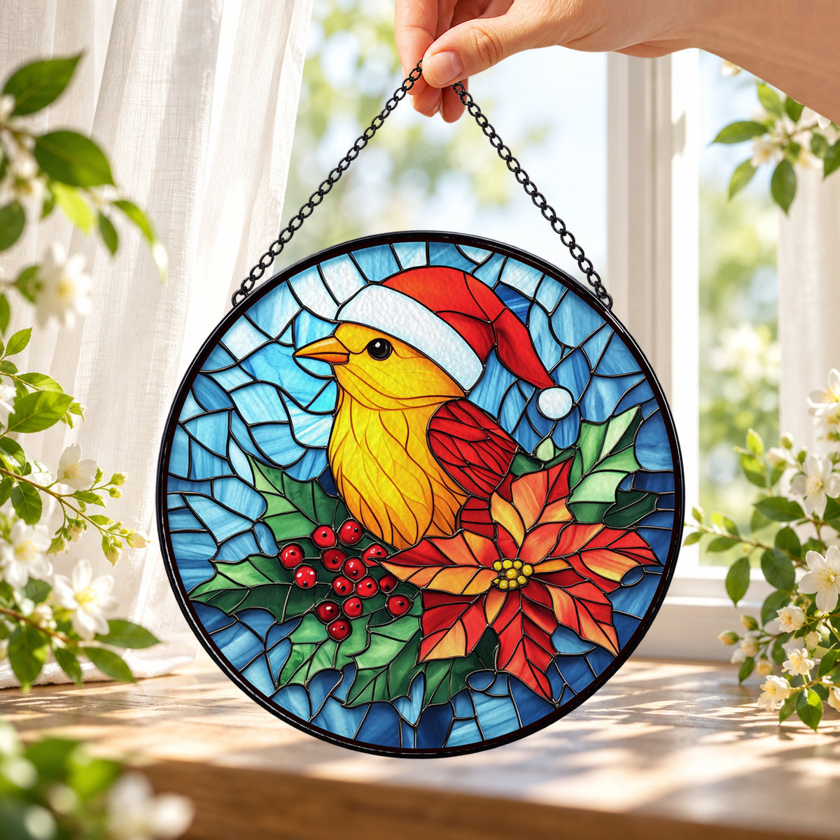 Golden Songbird with Christmas Hat round stained glass window hanging – second gallery view