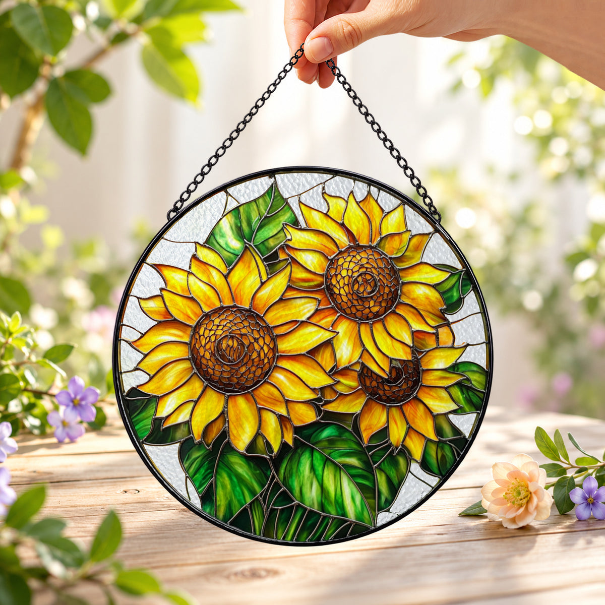 Golden Sunflower Bouquet round stained glass window hanging – second gallery view