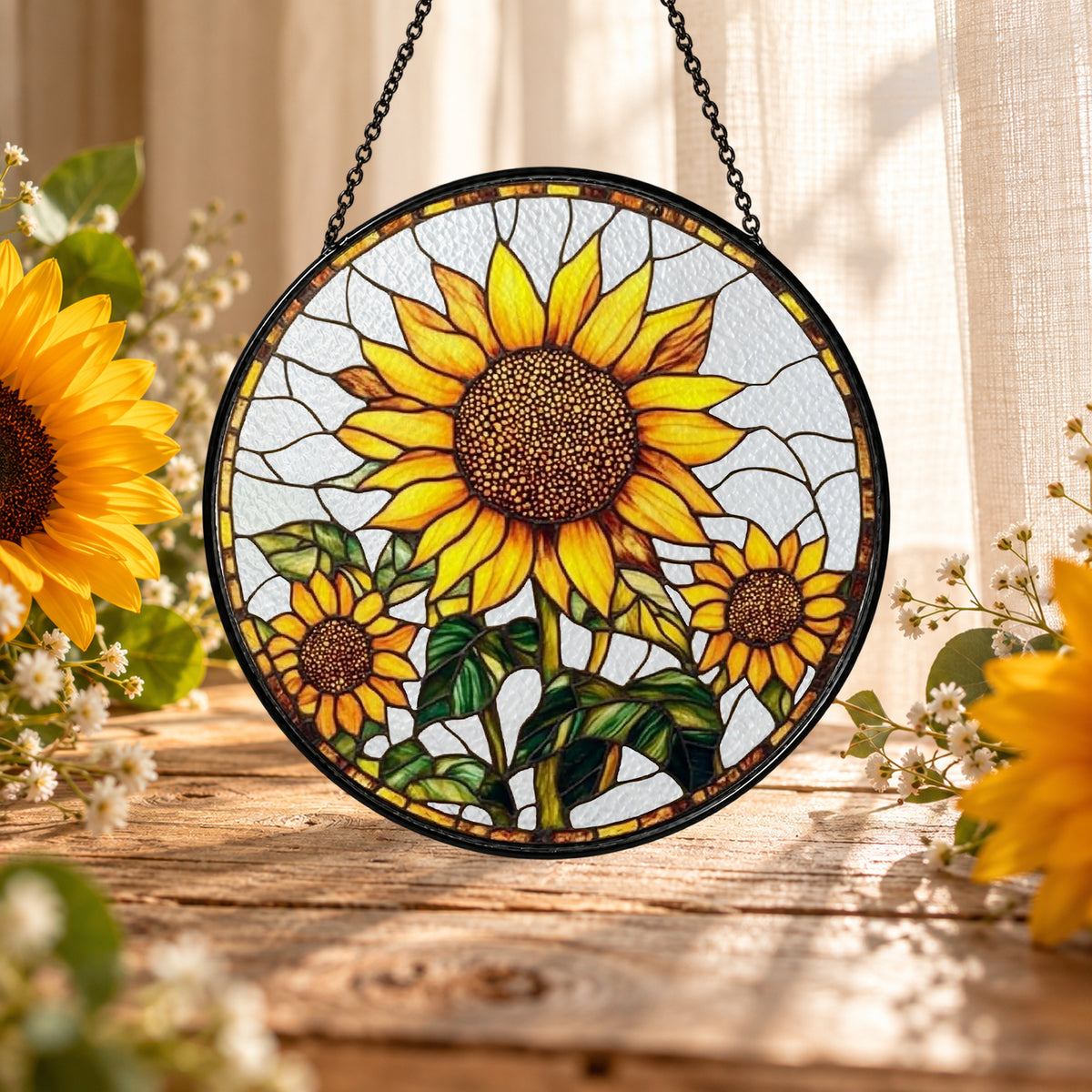 Golden Sunflowers in Bloom stained glass suncatcher window hanging – front design view