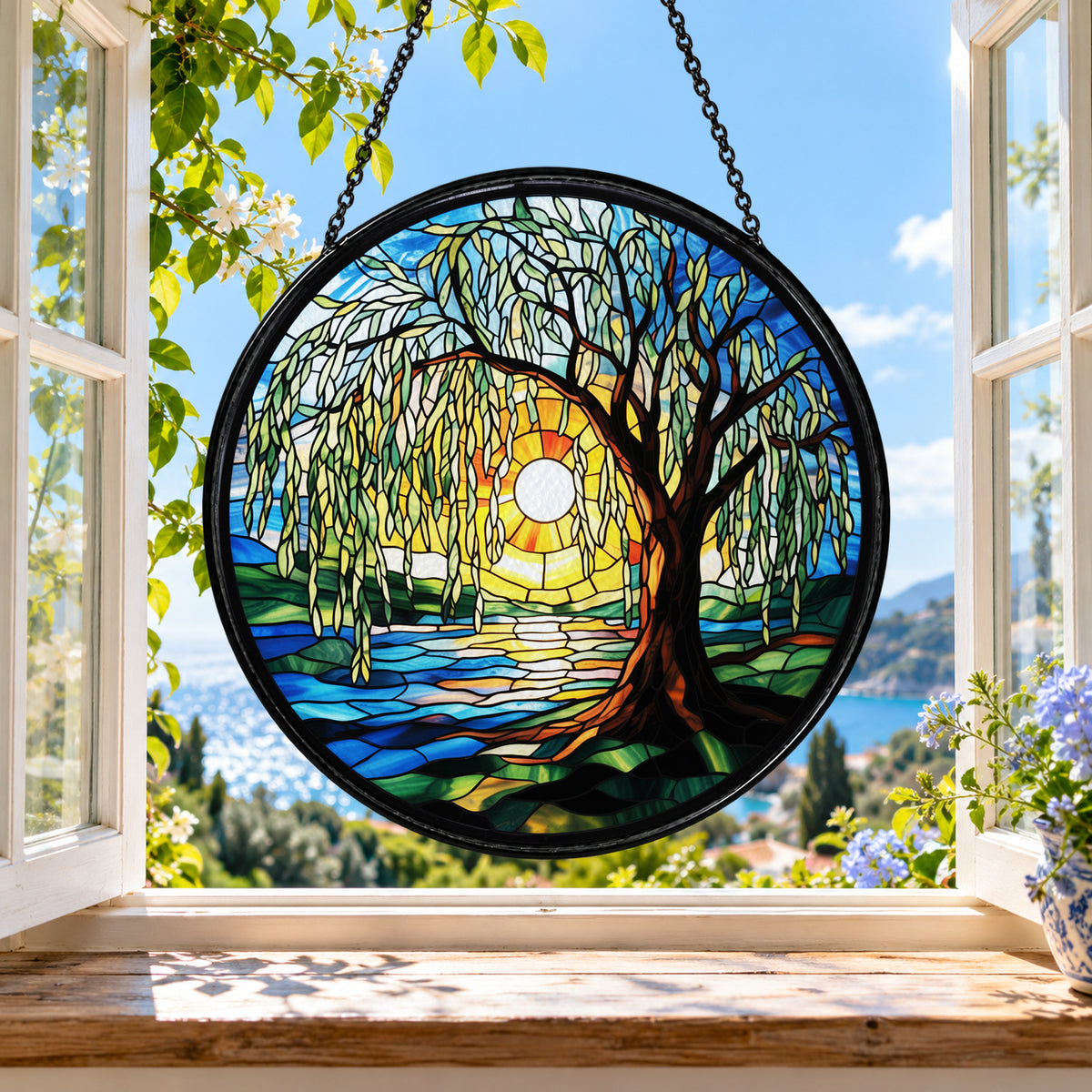 Golden Tree by the Moonlit River stained glass suncatcher window hanging – front design view