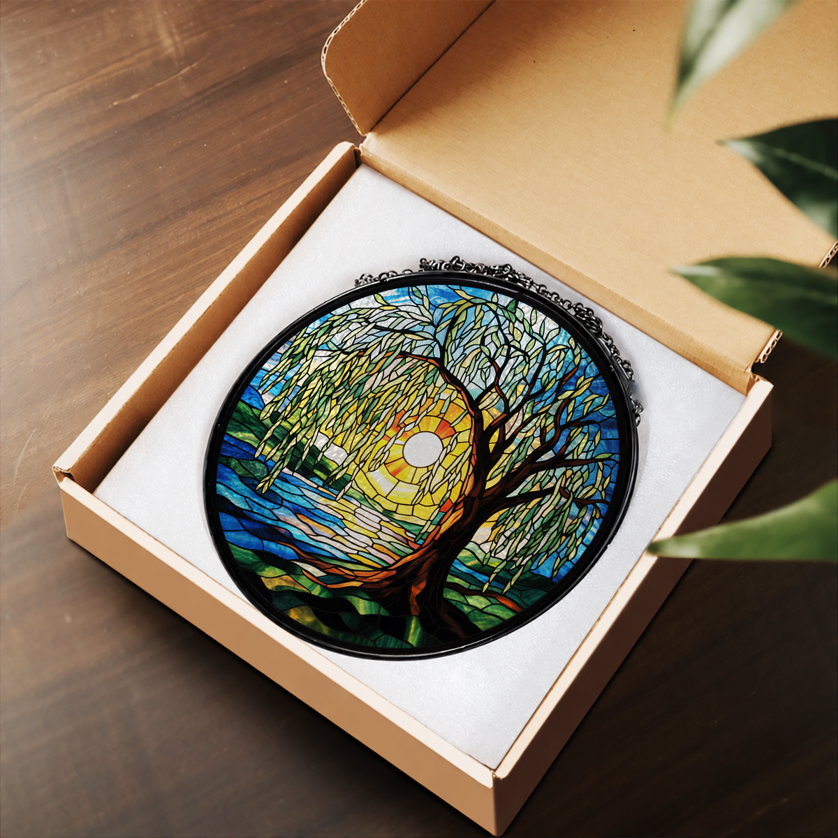 Golden Tree by the Moonlit River stained glass suncatcher – flat printed artwork design