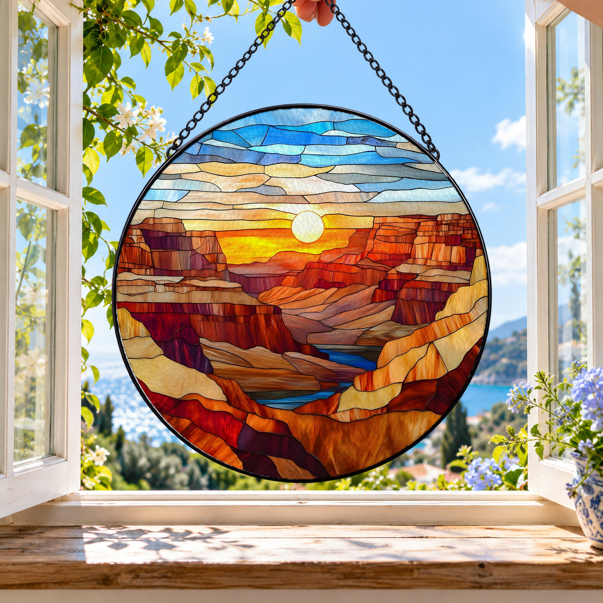 Grand Canyon Desert Sunset stained glass suncatcher window hanging – front design view
