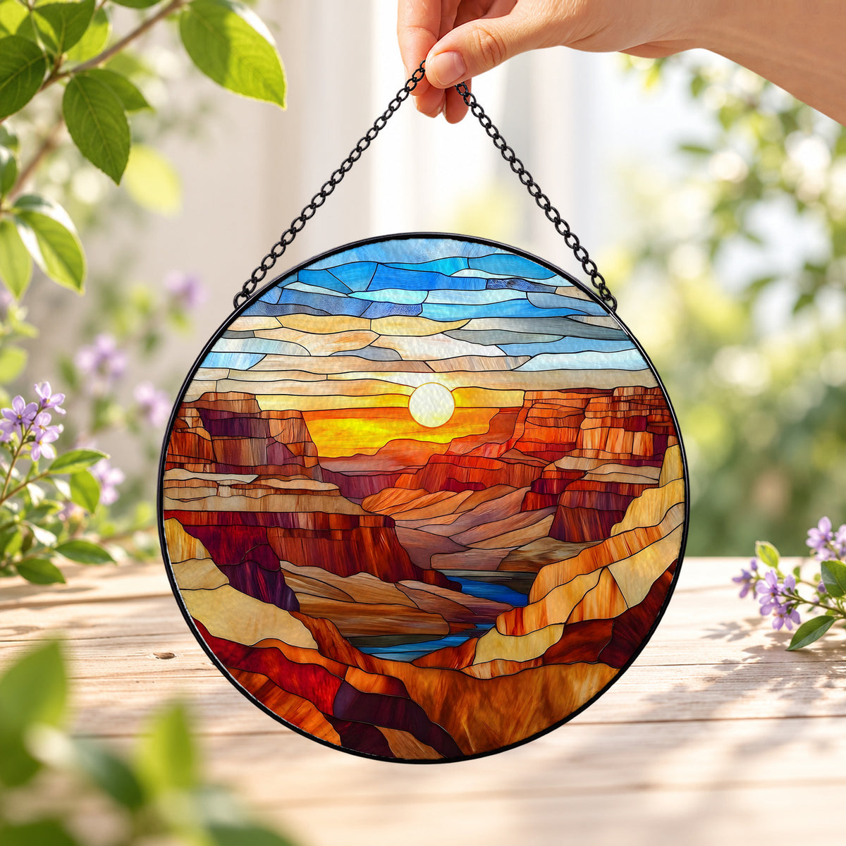 Grand Canyon Desert Sunset round stained glass window hanging – second gallery view