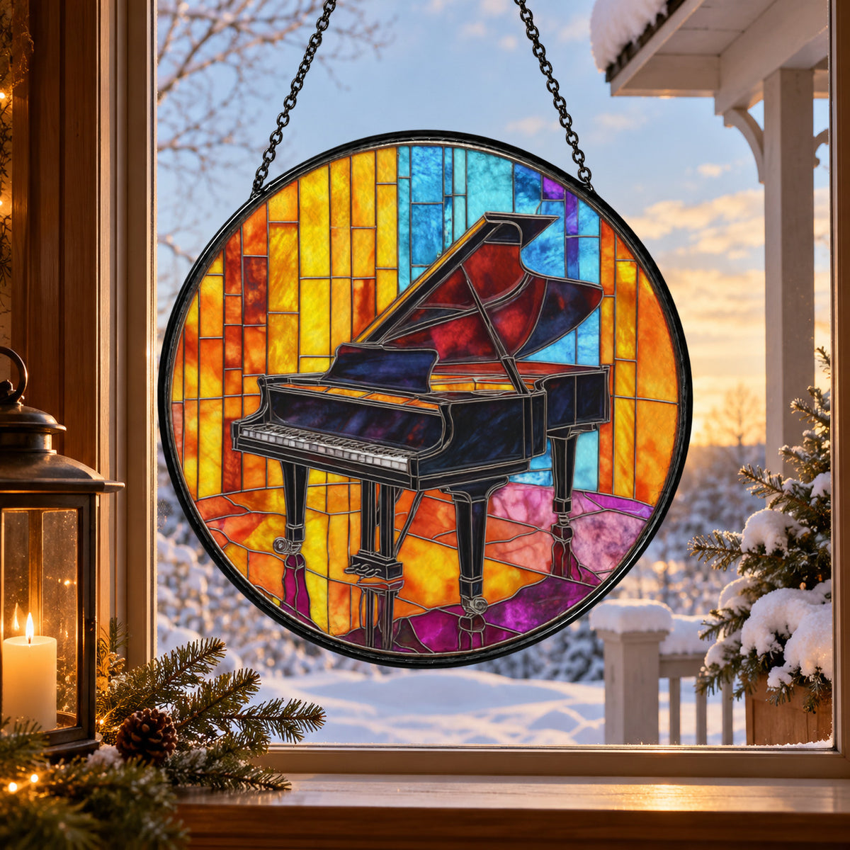 Grand Piano with Rainbow Glass stained glass suncatcher window hanging – front design view