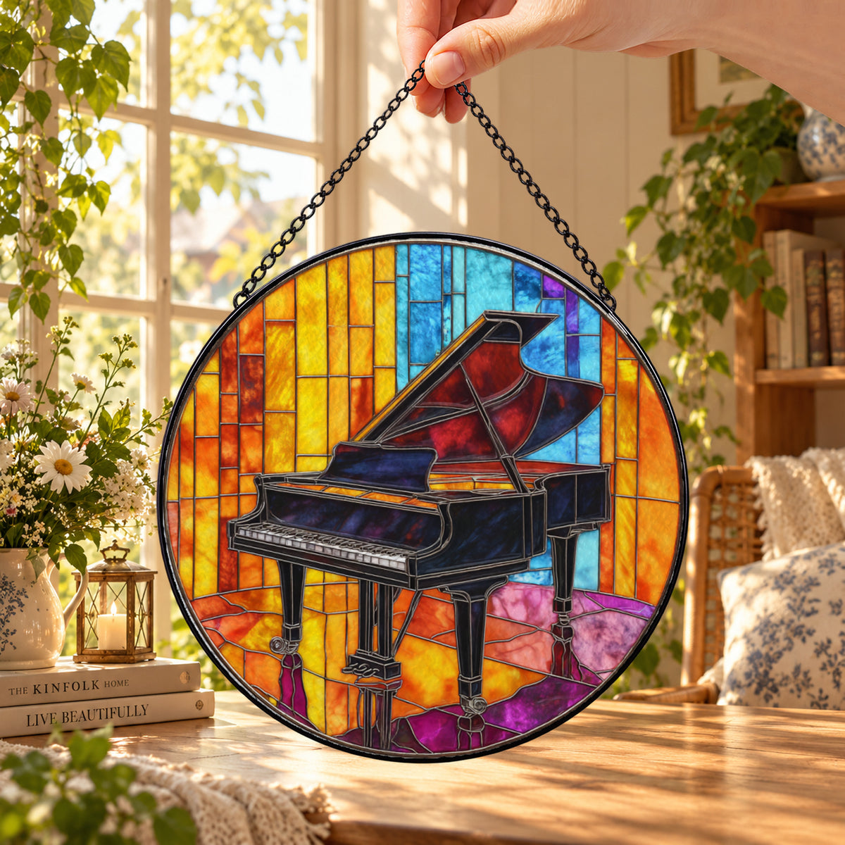 Grand Piano with Rainbow Glass round stained glass window hanging – second gallery view