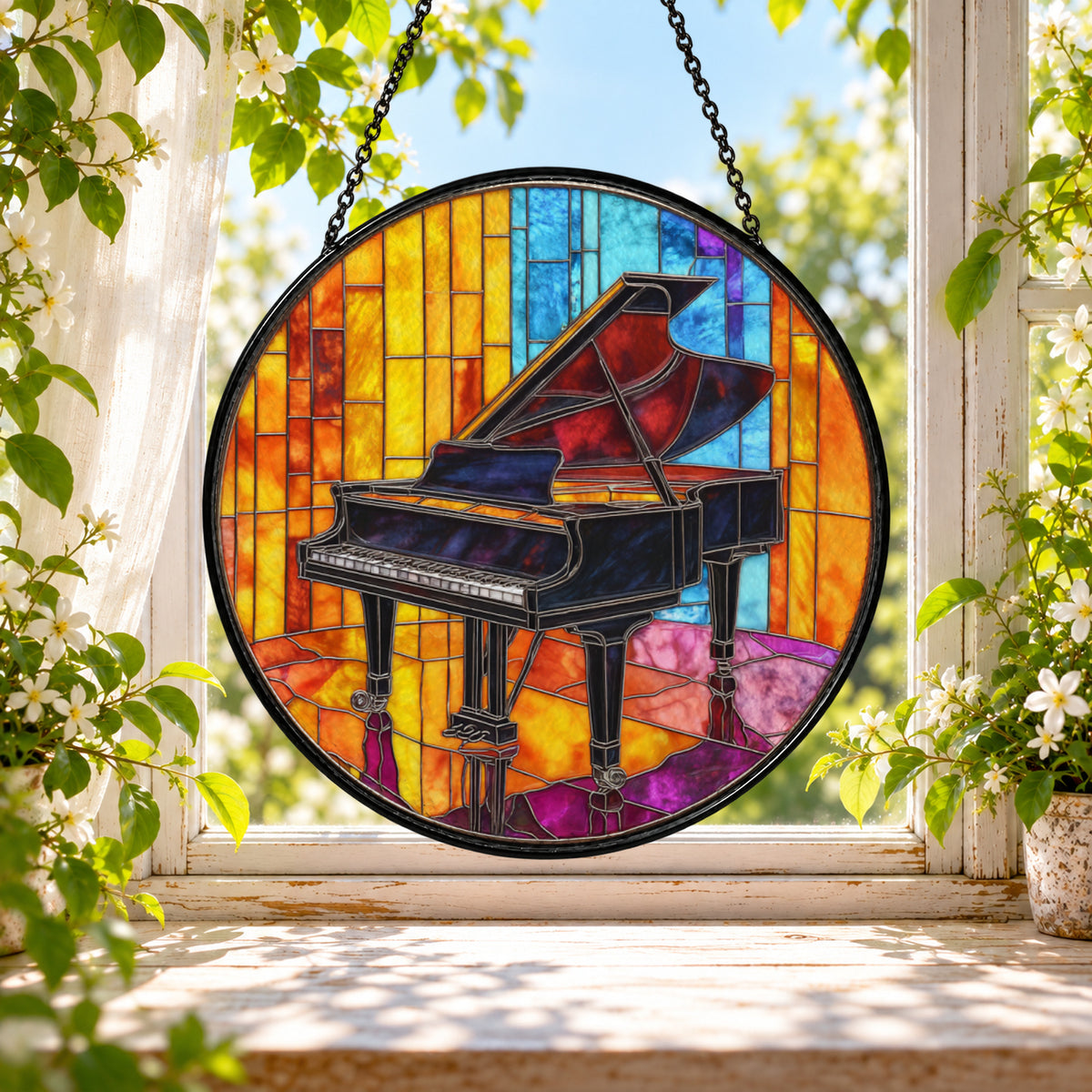 Grand Piano with Rainbow Glass stained glass window suncatcher – third gallery view