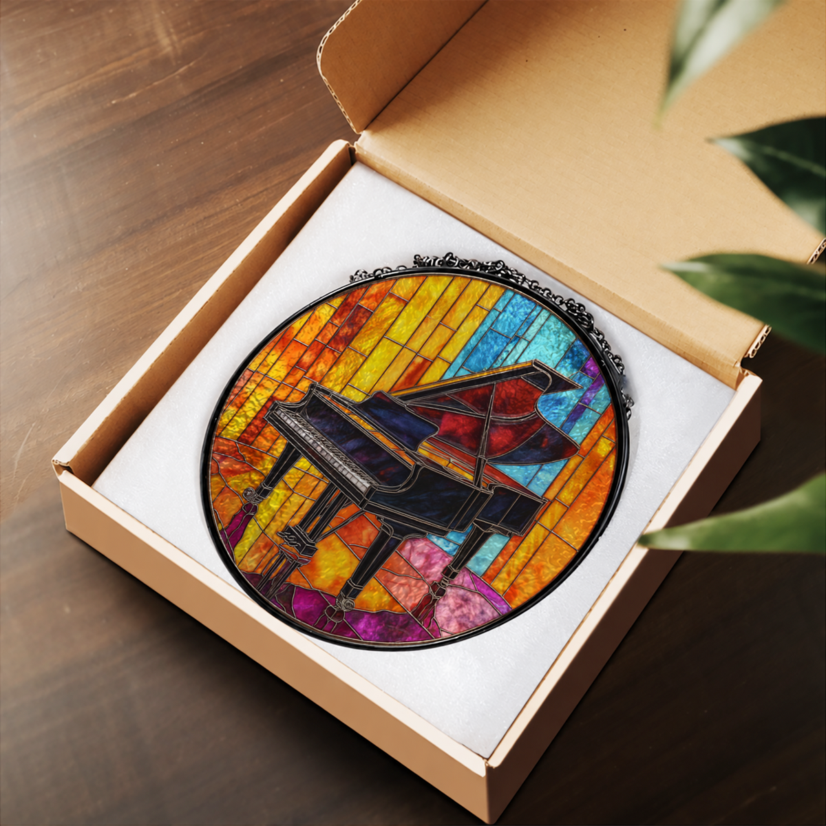 Grand Piano with Rainbow Glass stained glass suncatcher – flat printed artwork design