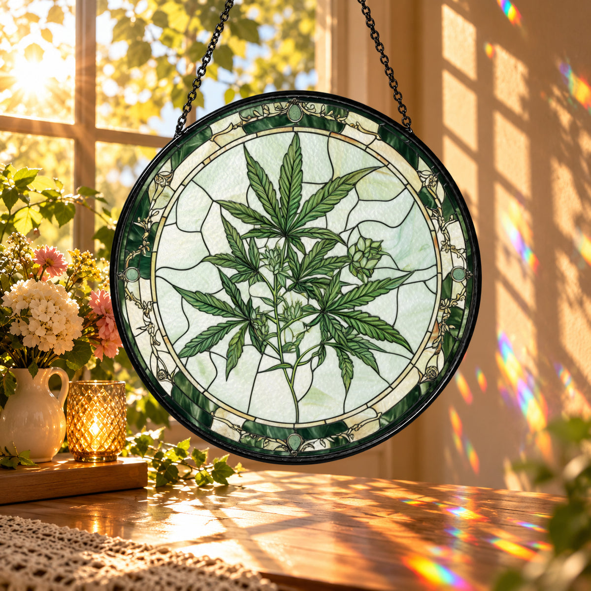Green Botanical Leaf Illustration stained glass window suncatcher – third gallery view