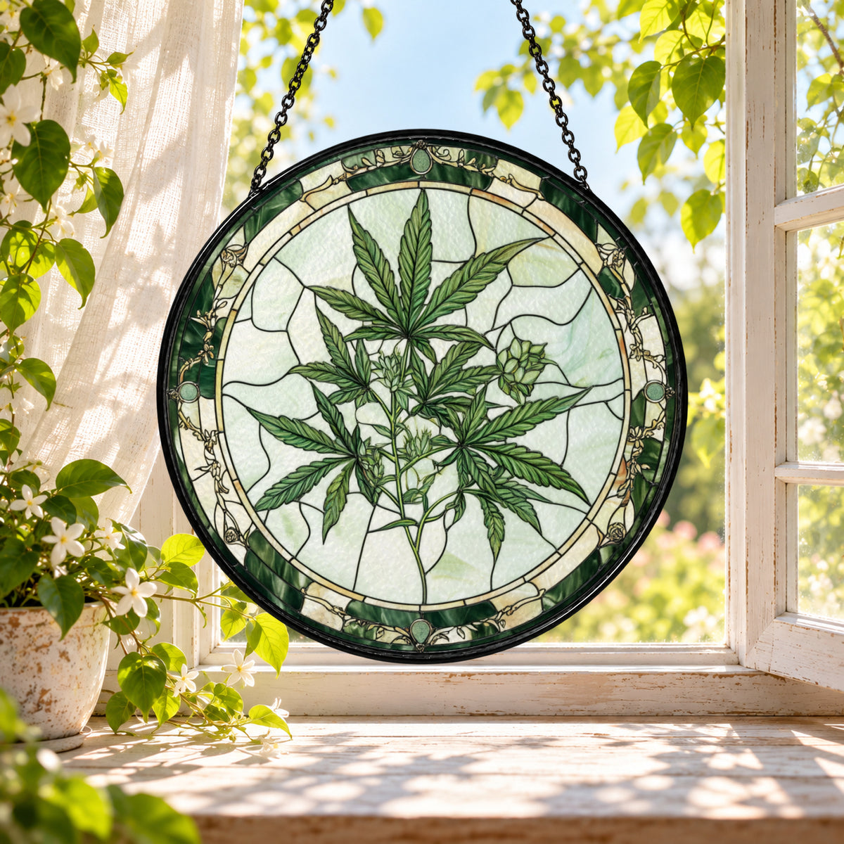 Green Botanical Leaf Mosaic stained glass window suncatcher – third gallery view