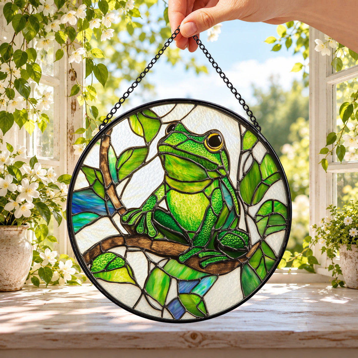 Green Frog on Rainforest Branch round stained glass window hanging – second gallery view