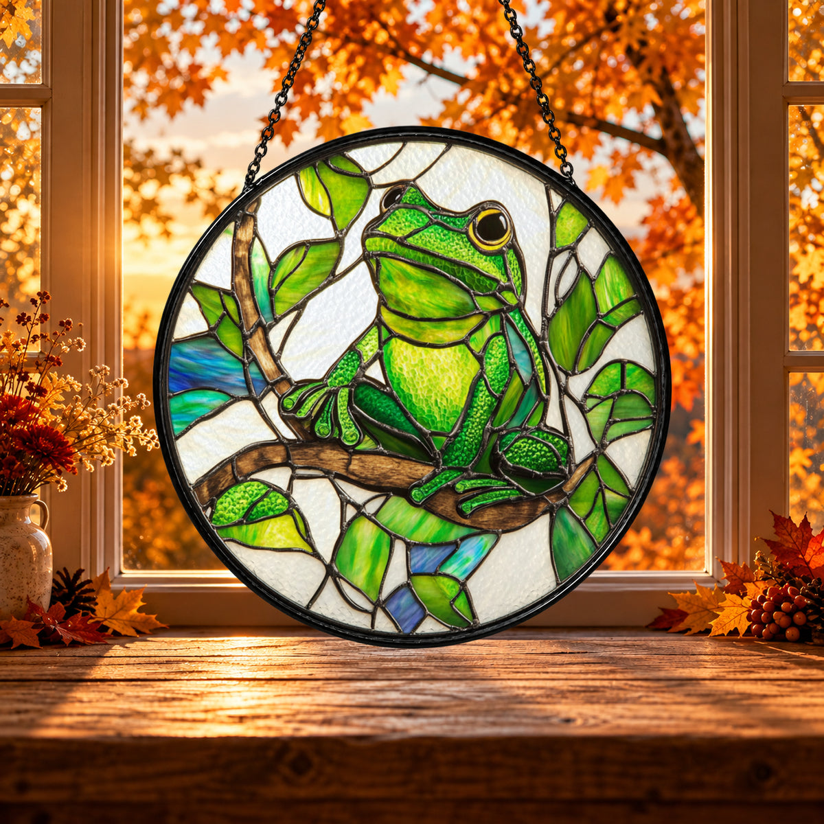 Green Frog on Rainforest Branch stained glass window suncatcher – third gallery view