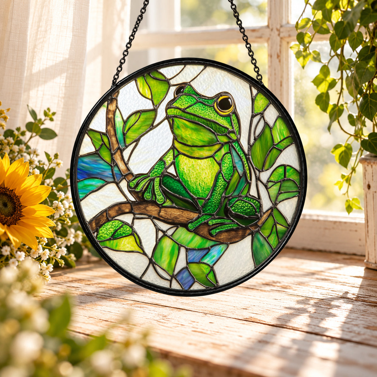 Green Tree Frog on Lily Pad stained glass suncatcher window hanging – front design view